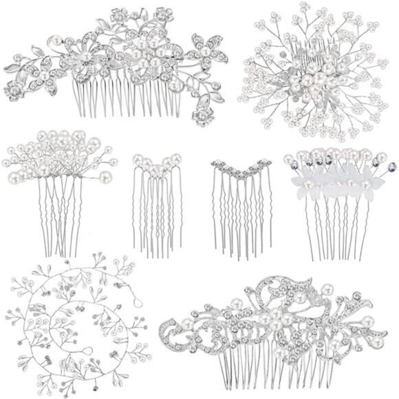 44 Pieces Wedding Hair Accessories: Faux Pearl Crystal Comb Clips,  Rhinestone main image 5